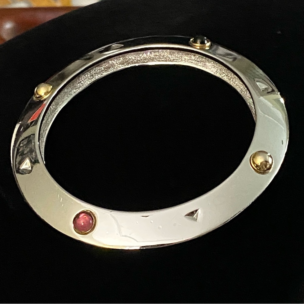 Vintage Piscitelli Signed Bangle Bracelet Silver Tone Gold Black Pink Accents